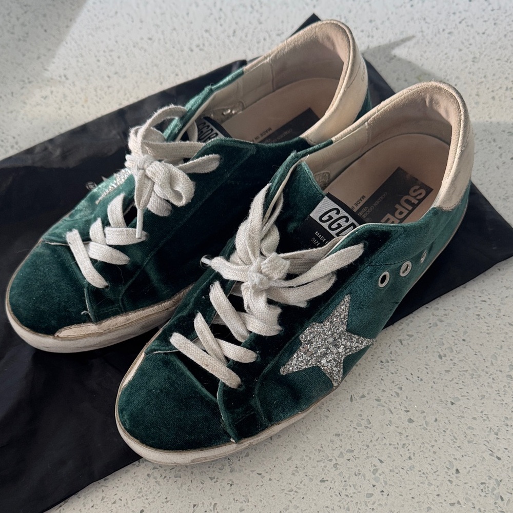 Golden Goose Green Velvet Sneakers with Silver Star